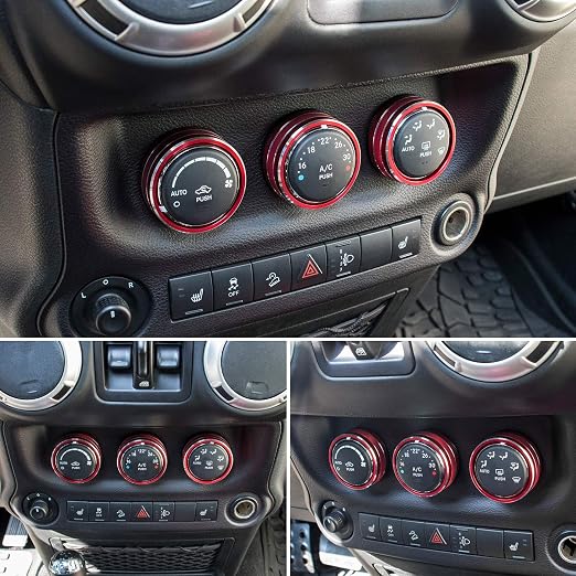 Audio Air Conditioning Button Cover Decoration Twist Switch Ring Trim for Jeep Wrangler JK JKU Patriot 2011-2018, Compass 11-16, Liberty 08-12, Dodge Challenger 08-14 Interior Accessories (Red 3PCS)