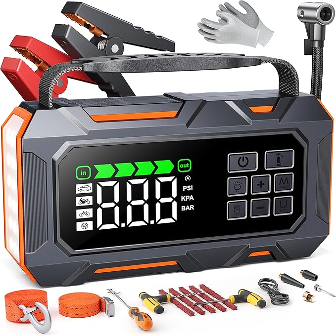 16-in-1 8000A Car Battery Jump Starter with Air Compressor 160PSI, Jump Starter Jump Box (All Gas 12L Diesel) with Portable Jumper Cables, Auto-Shutoff Tire Inflator, Gloves, Tow Rope