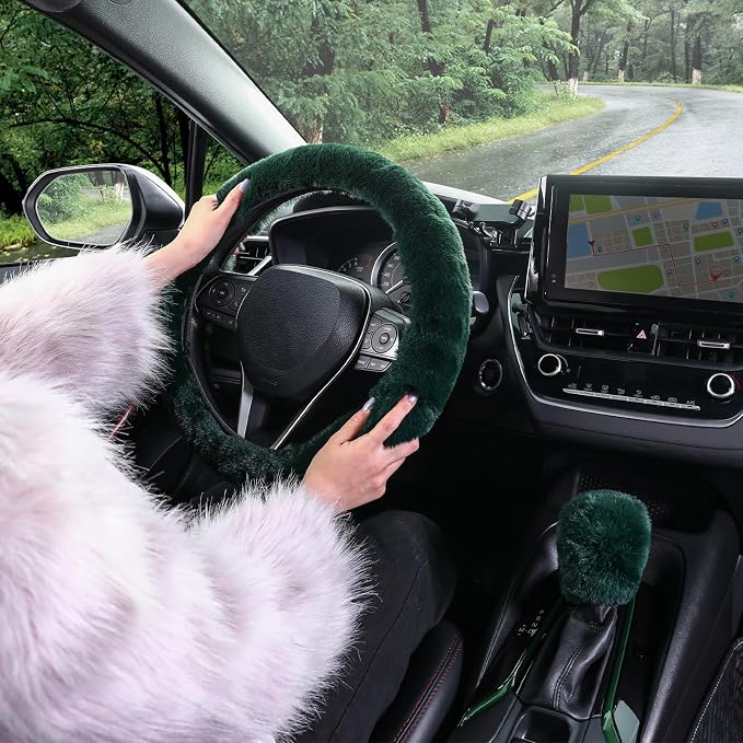 Furry Car Steering Wheel Cover with Gear Shift Cover, Soft and Warm, Cute Fluffy Auto Decor for Women Men, Standard Size, 2 PCS Set, Dark Green