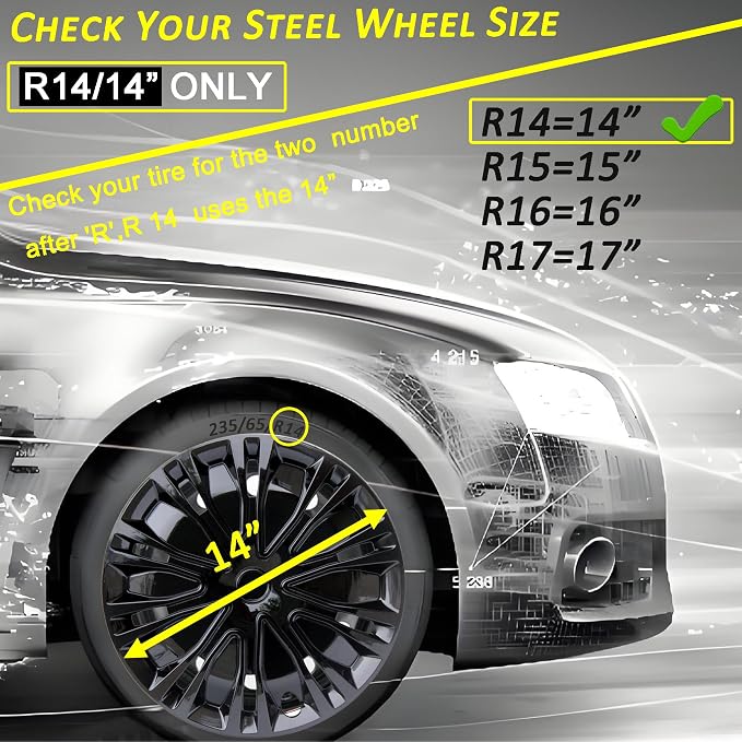 Hubcap Wheel Cover Replacement R14 Hub Caps Universal-Fit Steel Wheel Rim Cover ABS Material Exterior Accessories for Car Truck SUV -Set of 4（14-inch，Black）