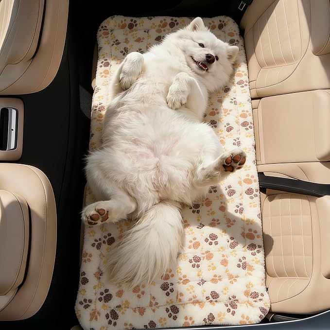 Dog Car Seat Cover for Back Seat, White Paw Print Flannel Pet Bed Mat, Non-Slip Waterproof Bottom, Washable Dog Bed & Seat Protector for Cars SUVs Trucks, Fits Backseat Extenders