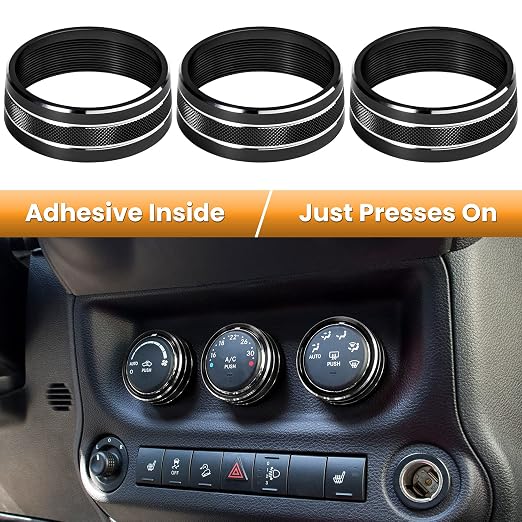 Audio Air Conditioning Button Cover Decoration Twist Switch Ring Trim for Jeep Wrangler JK JKU Patriot 2011-2018, Compass 11-16, Liberty 08-12, Dodge Challenger 08-14 Interior Accessories Black 3PCS
