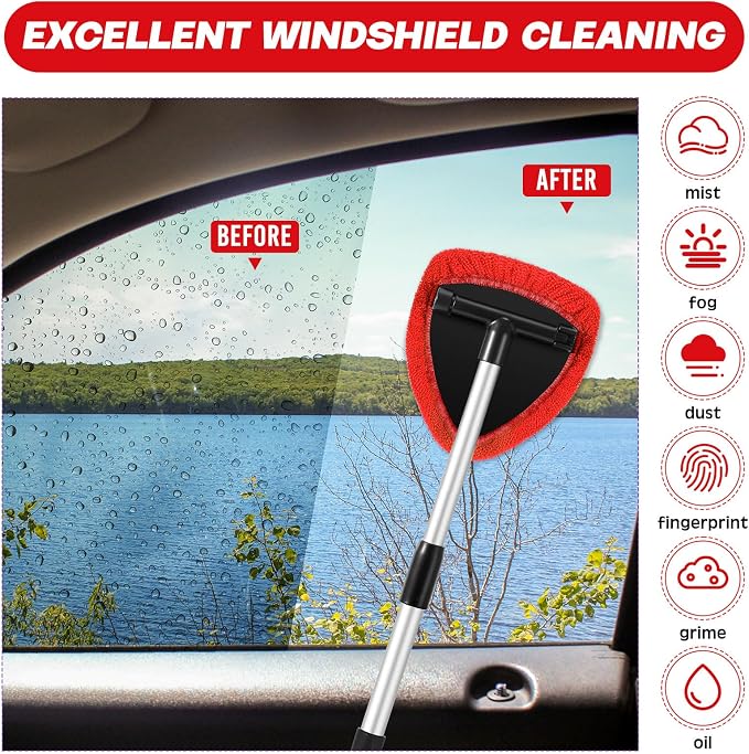 10 Pcs Windshield Cleaner Tool Car Window Cleaning Supplies with Extendable Handle Include 6 Washable Microfiber Bonnets 2 Empty 60ml Spray Bottle Glass Wiper Kit(Red)