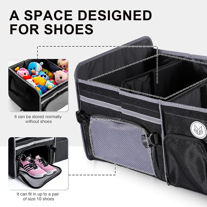 Bold Color Block Trunk Organizer, Foldable with 26L Ice Pack,95L Dedicated Shoe Space, Stylish for SUV/Car (Black, Midsize)