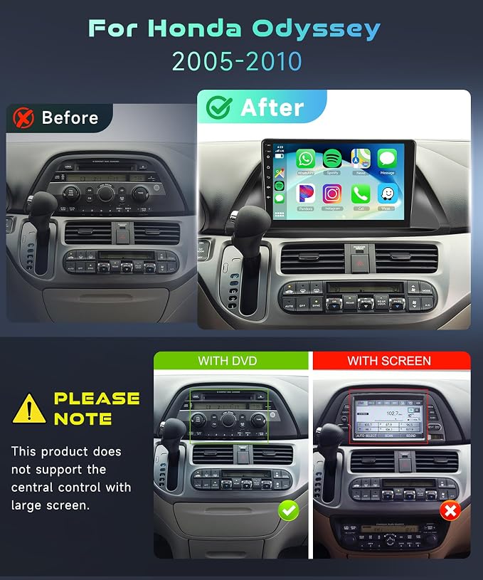 5/6GhzWiFi 8 Core 4G+64G for Honda Odyssey 2005-2010 Car Stereo Radio with 10.1 Inch IPS Touchscreen Wireless Carplay/Android Auto DSP Hi-Res GPS Android 15 FM/RDS SWC Camera