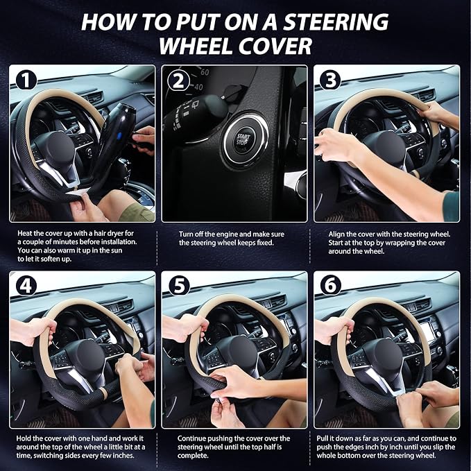 Flat Bottom Steering Wheel Cover Breathable, D Shaped Car Wheel Cover 14 1/2-15 in. (37-39 cm), Black Beige Microfiber Leather