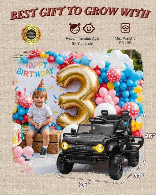 12V Ride on Toys for Kids, Licensed Ford Bronco Raptor Children Electric Vehicles, Toddler Battery Powered Car with Double Doors, 3 Point Safety Belt, Led Lights (12V, Black)