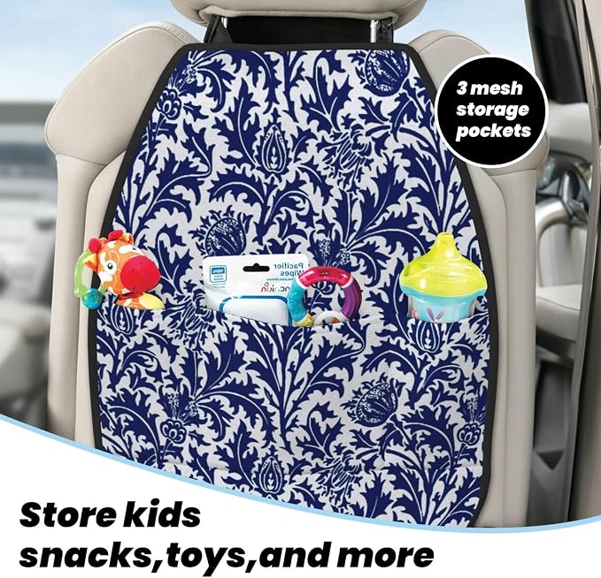 William Morris Thistle Damask, Navy Blue And White Car Seat Back Kick Protectors Kick Mats With Storage Pockets For Vehicles To Protect From Dirt Mud Scratches 2 Pack