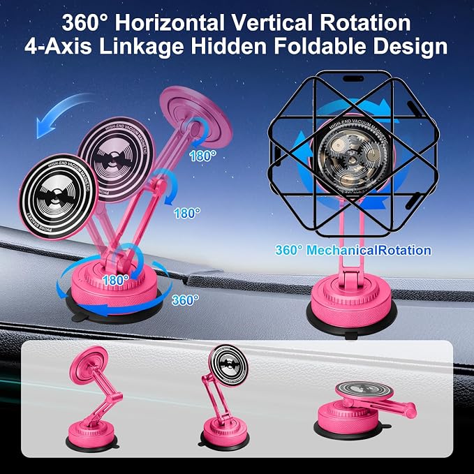 PIEPIE All-Metal Alloy Long Arm Magnetic Suction Cup Car Phone Mount(Pink) | Strong Powerful Magnetic Heavy-Duty Windshield Dash 360° Mechanical Rotation Cell Mobile Phone Vehicle Bracket for All Cars