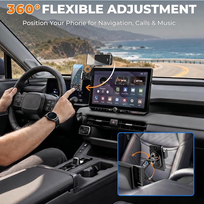 Car Phone Mount for 2026 Toyota RAV4, Smart Auto-Clamping for 12.9" Screen Only, 15W Wireless Fast Charging, Premium Aluminum Holder, Without Blocking Airflow