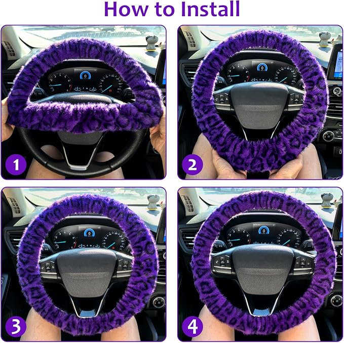 Fuzzy Car Steering Wheel Cover, Universal Fit Fur Car Wheel Cover & Handbrake Cover & Gear Shift Cover Set, Fluffy Fashion Leopard Print Auto Steering Wheel Protector for Women Girls(Purple)