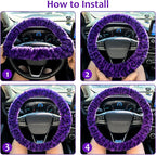 Fuzzy Car Steering Wheel Cover, Universal Fit Fur Car Wheel Cover & Handbrake Cover & Gear Shift Cover Set, Fluffy Fashion Leopard Print Auto Steering Wheel Protector for Women Girls(Purple)