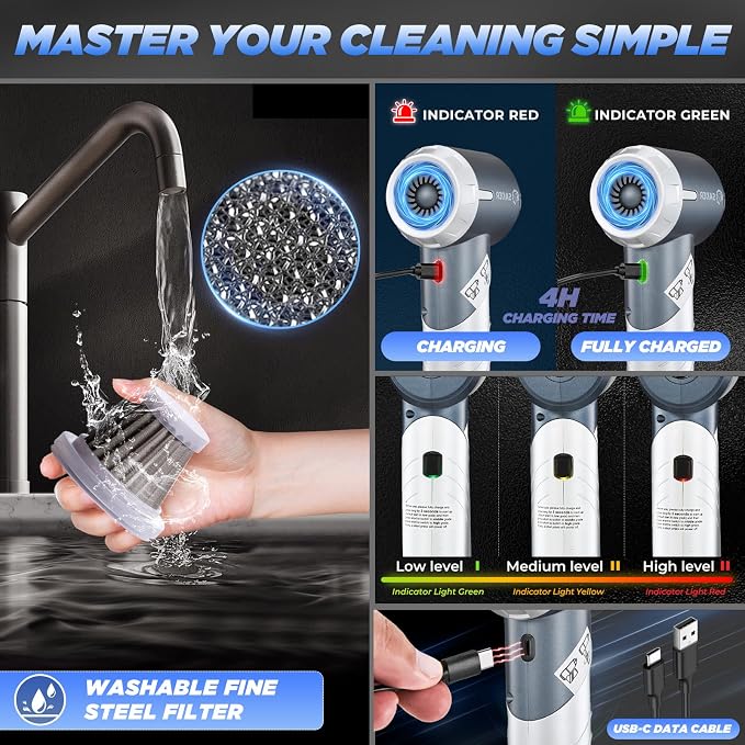 Car Vacuum Cleaner 17000PA Foldable Mini Handheld Vacuums Portable Cordless with Brushless Motor for Gifts, Hair,Cars,Bedrooms,Offices Cleaning HL132 Silver