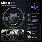 Sport Leather Steering Wheel Cover 14 1/2 inch to 15 inch Universal, Padded Soft Grip Breathable for Car Truck SUV Jeep, Anti Slip Odorless Carbon Fiber Black
