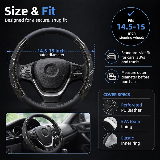 Sport Leather Steering Wheel Cover 14 1/2 inch to 15 inch Universal, Padded Soft Grip Breathable for Car Truck SUV Jeep, Anti Slip Odorless Carbon Fiber Black