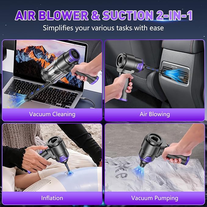 Handheld Car Vacuum Cleaner, 16000PA Air Duster & Vacuum Cleaner, 120W High Power Hand Held Vacuum Cordless, Portable Vacuum Rechargeable with Multi-Nozzles & LED Light for Car, Home, Pet, Office