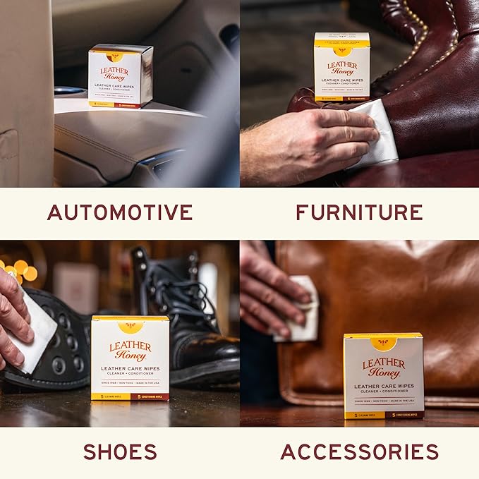 Leather Wipe Kit: Clean & Restore On-The-Go. For Any Color of Leather Couches, Car Seats, Purses, Shoes & Bags. Nontoxic, Ready-to-Use & Made in the USA. 5 Cleaner & 5 Conditioner Wipes
