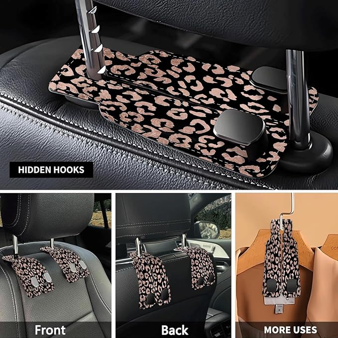 Car Seat Headrest Hook, Universal Leather Cute Hanger Holder Hook, Storage Organizer Interior Accessories for Purse Bags Handbag Glitter Black Leopard