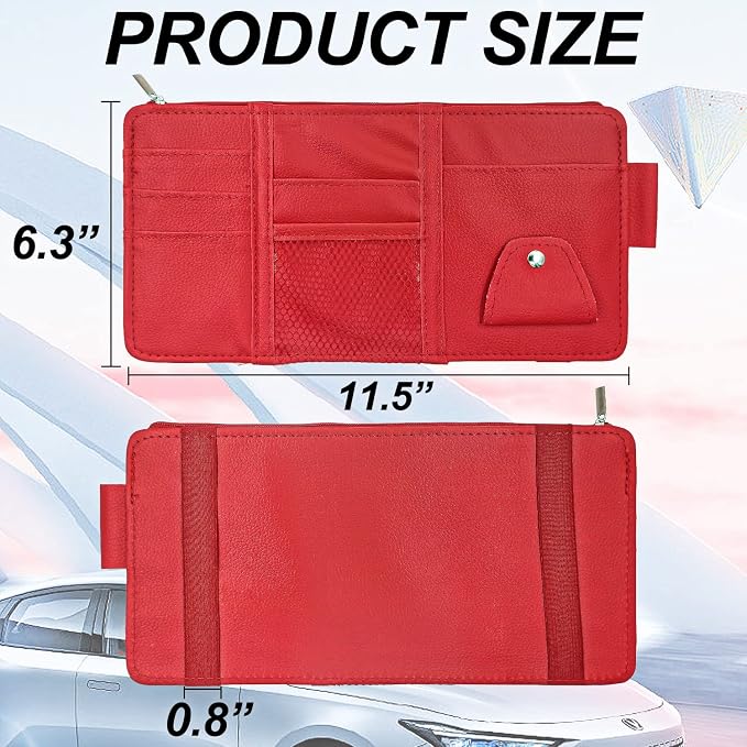 Car Sun Visor Organizer with Multi-Pocket Net Zipper, Truck Visor Organizer Storage Pouch Holder for Cards, Pens, Sunglasses, CD Holder - Red