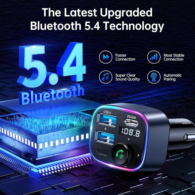 Bluetooth 5.4 FM Transmitter Car Adapter 48W(PD 36W & 12W) [Light Switch] [Hi-Fi Deep Bass] [Fast Charging] Wireless Radio Music Adapter LED Display Hands-Free Calling Support USB Drive