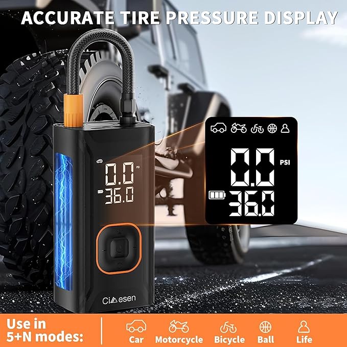 Tire Inflator Portable Air Compressor, 150PSI Portable Air Compressor with Accurate Pressure Gauge E-Bike Inflation Cordless Air Pump for Bike Pump Car Motorcycle Ball