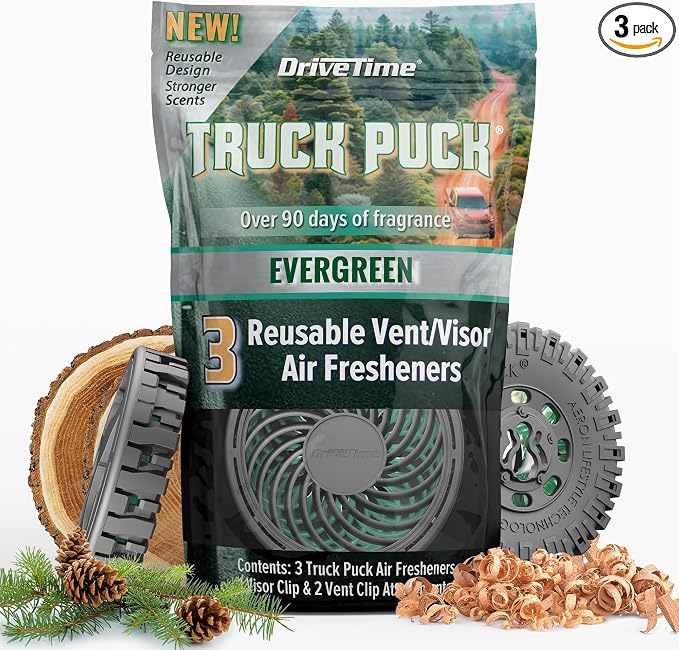 Truck Puck Evergreen Fragrance Car Air Freshener – Long-Lasting Car Deodorizer, Refillable Vent & Visor Clip Auto Air Freshener for Car, Truck & SUV, Premium Fragrance, Pack of 3