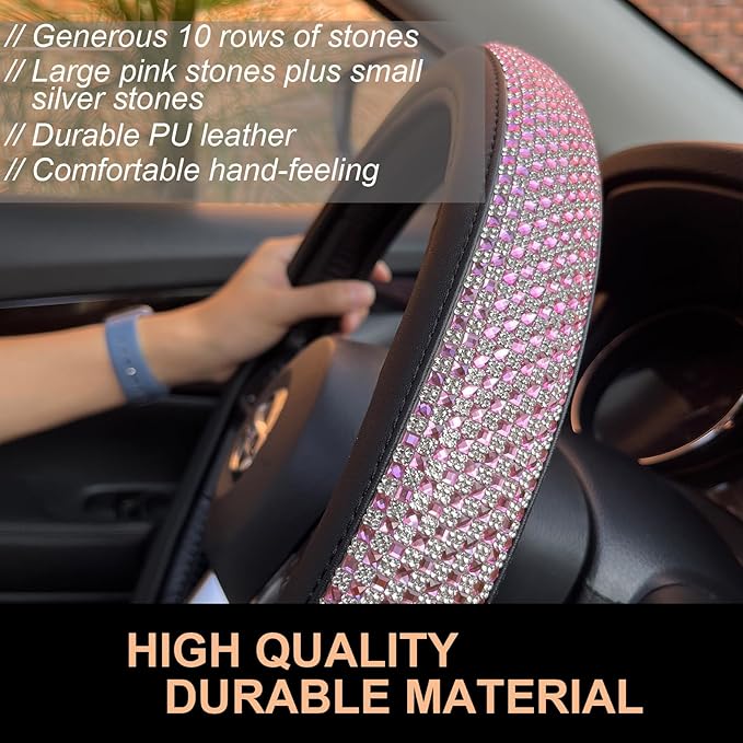 D Shaped Bling Comfy Steering Wheel Cover with Jumbo Crystal Rhinestones, Anti-Slip Diamond Leather, Flat Bottom 14.5-15 Inch (Pink)