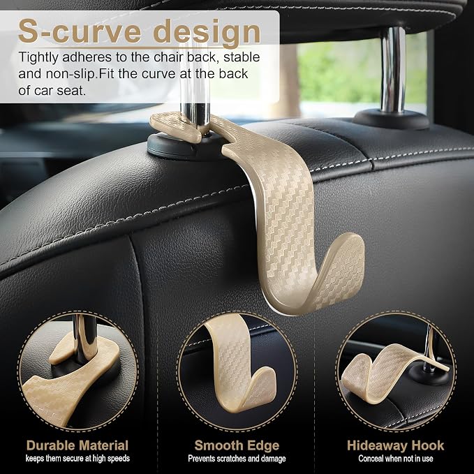 Car Purse Hook, Headrest Hook for Car, 4 Pack Universal Auto Car Seat Headrest Hook Hangers Organizer for Purse Coat Umbrellas Grocery Bags Handbag, Car Accessories - Carbon Fiber Beige