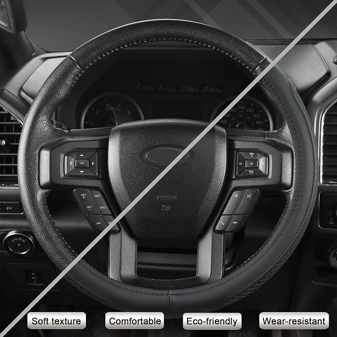Car Steering Wheel Cover for Ford F-150, F-250, F-350, Expedition (Black-Large Size)