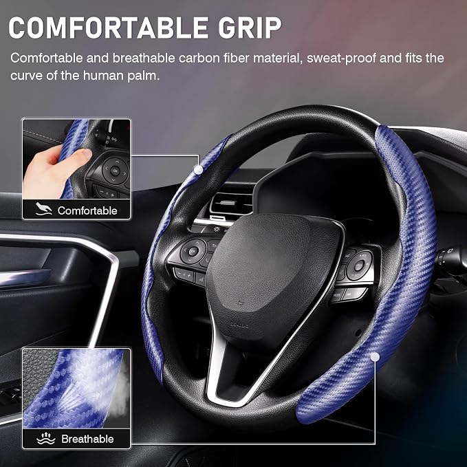 Steering Wheel Cover, Carbon Fiber Steering Wheel Cover for Men/Women, Anti-Slip, Comfortable Grip, Durable, Universal for 99% Car Interior Accessories (Dark Blue)