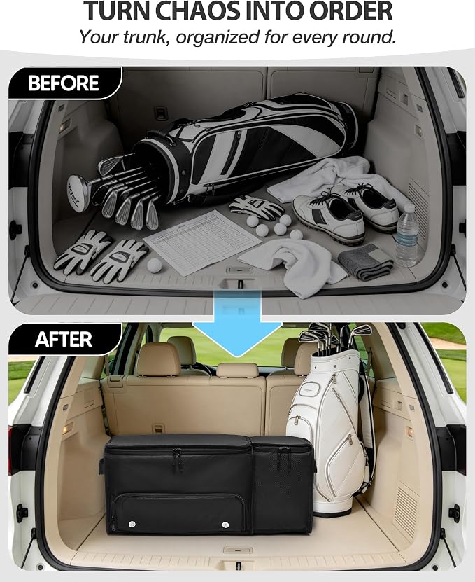 Golf Organizer for Car Trunk with Cooler, Anti-Sag Design, Ventilated Shoe Compartment, 2-Layer Storage Bag for Golf Accessories, Fits SUVs & Sedans - Black
