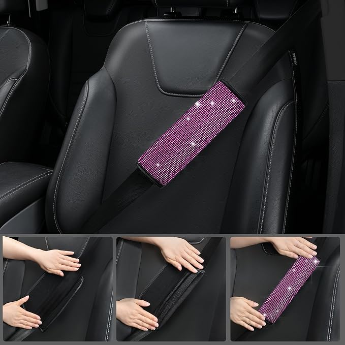 11 PCS Bling Diamond Car Accessories Set for Women, Sparkly Rhinestone Steering Wheel Cover, Bling Seat Belt Cushion, Shift Knob Cover, Push Start Button Ring, Cup Holder Coaster, Black Pink