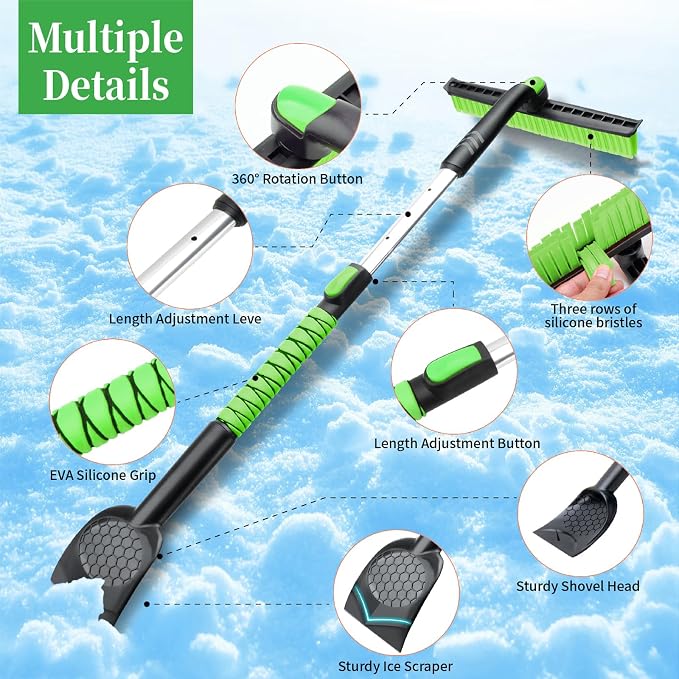 45.6" Ice Scraper and Snow Brush for Car Windshield [Silicone Bristles],3-in-1 Extendable Emergency Snow Shovel with Ergonomic Foam Grip and 360° Pivoting Brush Head for Christmas, Car Auto Truck SUV