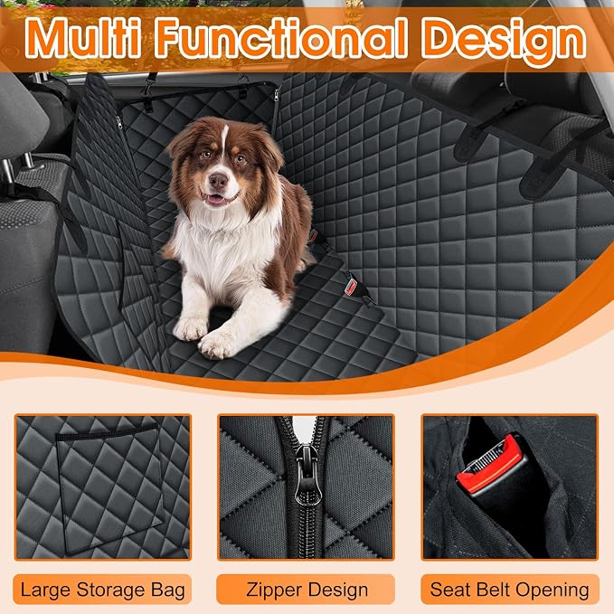 Waterproof Dog Car Seat Cover for Back Seat, Pet Hammock- S, Black | Durable waterproof hammock with nonslip design & storage pockets. Protects seats from scratches, fits cars, SUVs & trucks.