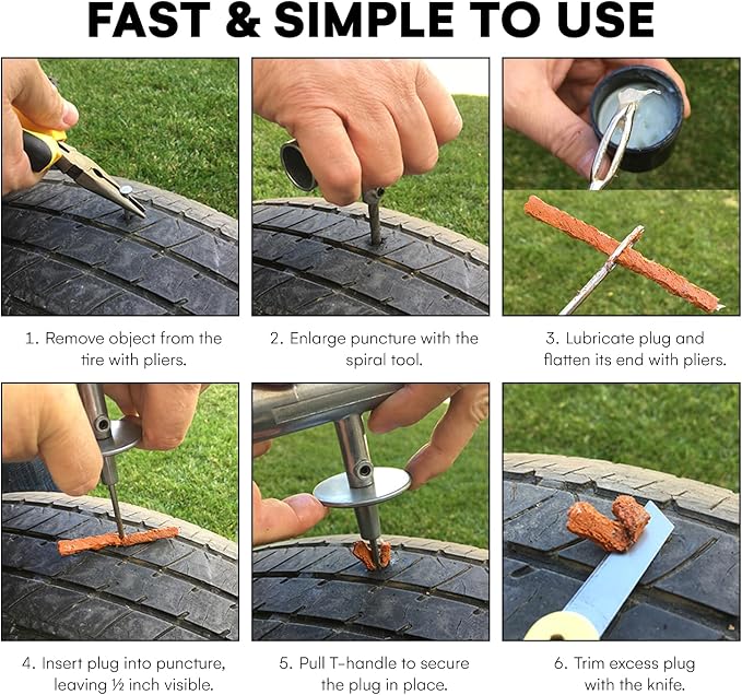 Tire Repair Kit - Professional Heavy Duty Tire Plug Kit, Tubeless Tire Repair Kit for Flat Tire & Puncture Repair on Cars, Trucks, SUVs, ATVs, UTVs, RVs & Motorcycles