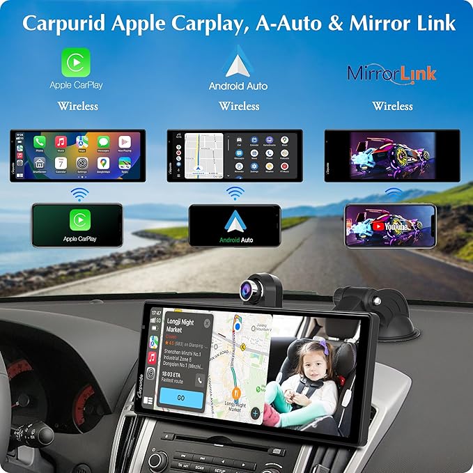 Carpuride W903 9.3" Wireless Carplay & Android Auto with Dash Cam | 4K Front & 1080P Rear Camera, Loop Recording, Bluetooth Audio, Mirror Link, GPS