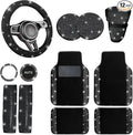 12 Pcs Bling Car Accessories Set for Women Car Floor Mats Full Set Steering Wheel Cover Seat Belt Covers Coasters Universal Fit Car SUV Truck Van Black