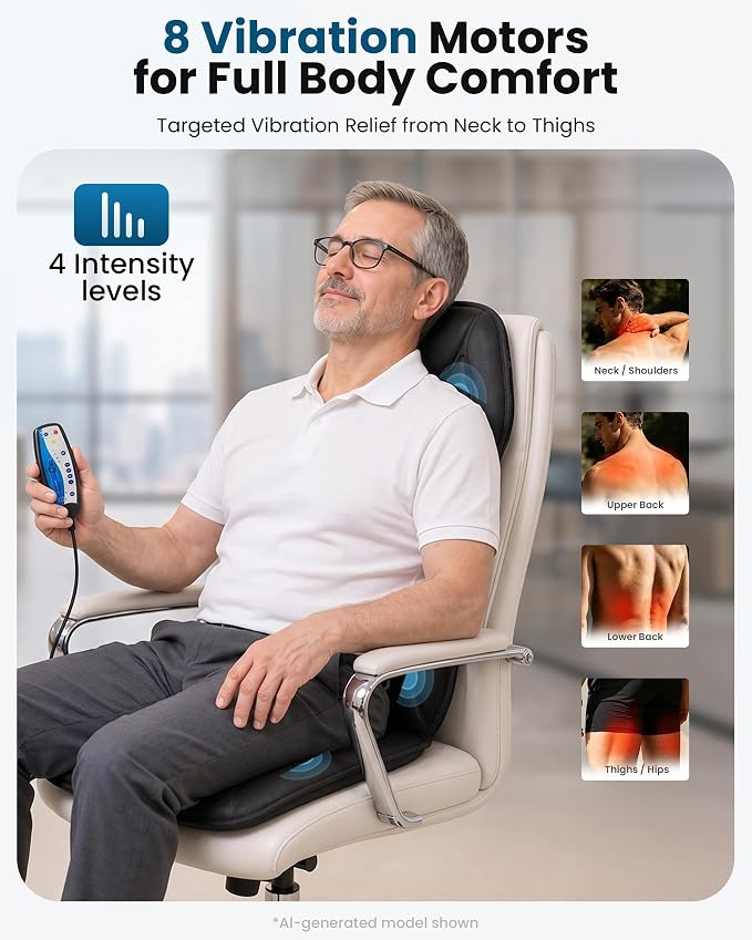 Back Massager with Heat, Vibration Massage Seat Cushion with 8 Massage Nodes & 5 Modes, Adjustable Chair Massager Pad for Home Office, Heated Chair Pad, Gifts for Women Men Mom Dad