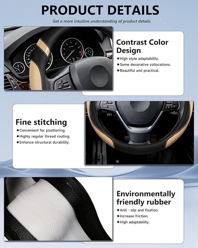 Steering Wheel Cover for Car Leather Universal Steering Wheel Covers for Men Women Fit Cars SUV Truck Pickup 15inch (Beige)