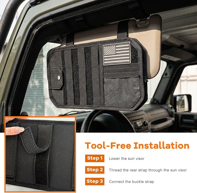 Molle Car Sun Visor Organizer, Auto Semi-Rigid MOLLE Panel Police Gear Holder w/Zipper Pocket & Sunglasses Clip, Universal Tactical Panel Visor Organizer for Cars SUVs Trucks