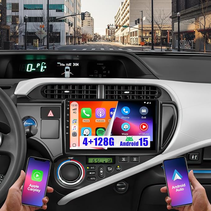 4+128G 9'' Android 15 Car Stereo for Toyota Prius C 2012-2014 | In-Cell Touchscreen, Wireless Carplay Android Auto, 5G WiFi Bluetooth Mirror Link, GPS SWC FM/RDS/EQ, Backup Cam+Mic