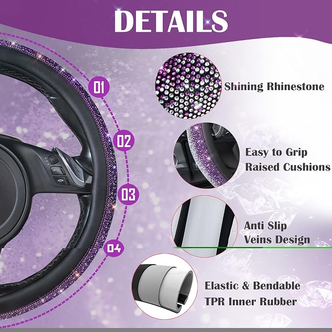 Bling Diamond Leather Steering Wheel Cover, Bling Sparkly Crystal Glitter Rhinestones Universal Fit 14" 1/2-15" Car Wheel Protector for Women Girl Fit Suvs,Vans,Sedans,Trucks, Purple Silver