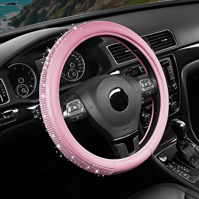 Bling Steering Wheel Cover – Pink Diamond Design, Universal Fit 14.5-15 Inch, Microfiber Leather, Anti-Slip & Breathable Design for Men and Women