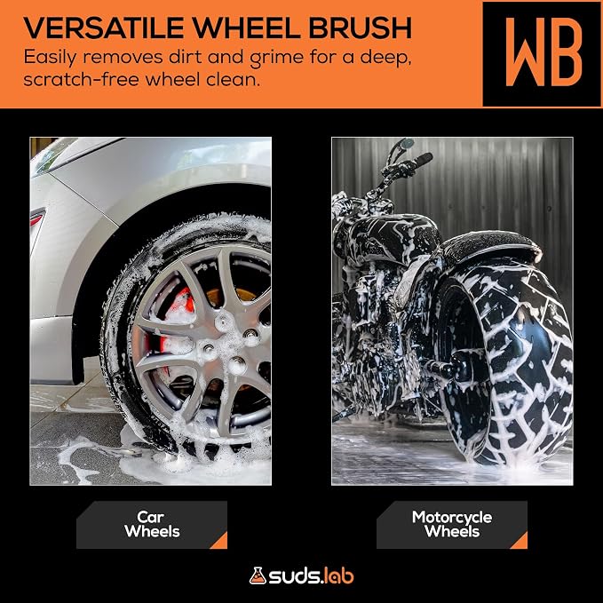 WB Premium Detailing Wheel Brush for All Vehicle Types – 17.7" Ultra-Soft and Scratch-Free Reusable Rim, Wheel, and Tire Brush for Deep Cleaning