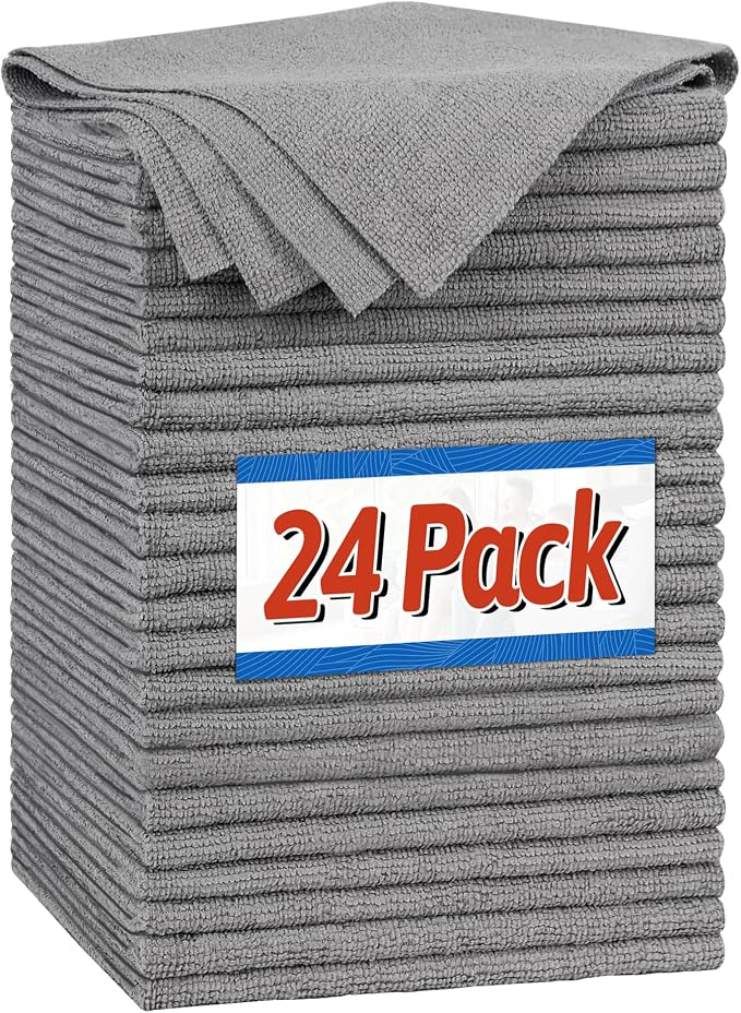 Microfiber Cleaning Cloth, Shop Towels Bulk, 24 Pack Grey Microfiber Towels for Cars, All-Purpose Absorbent Cleaning Rags, Dust Cloth for Automotive, Mechanic, Garage, Bar, 12 x 11 inch