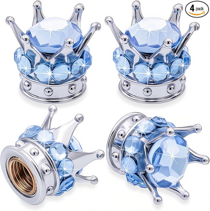 4PCS Crown Bling Tire Stem Valve Caps, Crystal Diamond Car Wheel Tire Valve Caps Universal Copper Core Stem Covers for Cars, SUV, Trucks, Bikes, Motorcycles, Bicycles (Silver & Blue)