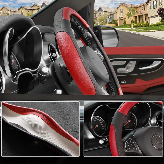 Car Steering Wheel Cover Universal Standard Size 14.5-15 inch, Black and Red Microfiber Leather