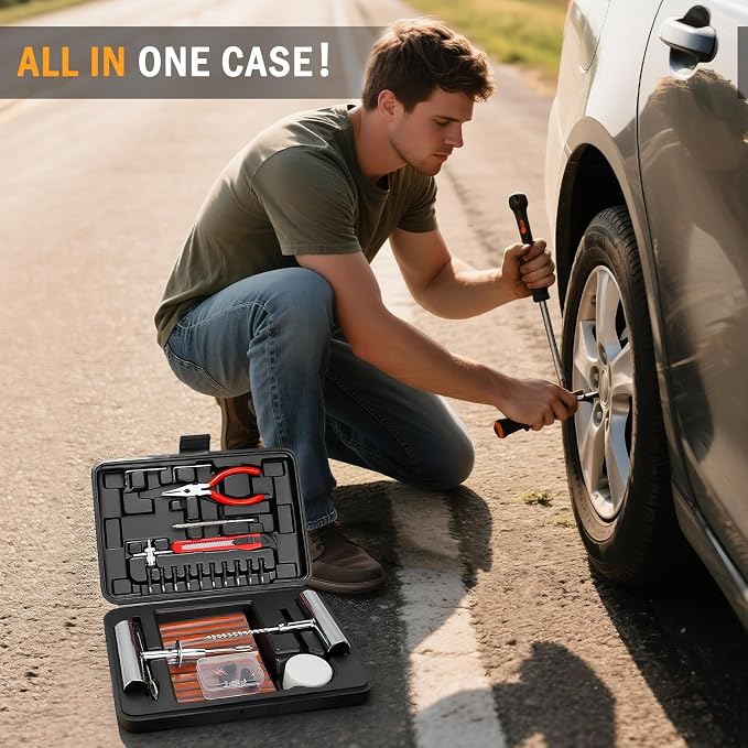 Heavy Duty Tire Plug Kit - 70pcs All-in-One Universal Tire Repair Kit for Tubeless Flats, Emergency Tire Patch Kit for Car, Truck, SUV, ATV, Motorcycle, Trailer & RV
