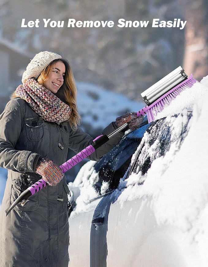 41.5IN Extendable Snow Brush and Ice Scraper, 270°Pivoting Snow Scraper Brush for Car Windshield, Telescoping Ice Scraper, Foam Grip, Heavy Duty Snow Remover for Cars, Trucks, SUV (Purple)