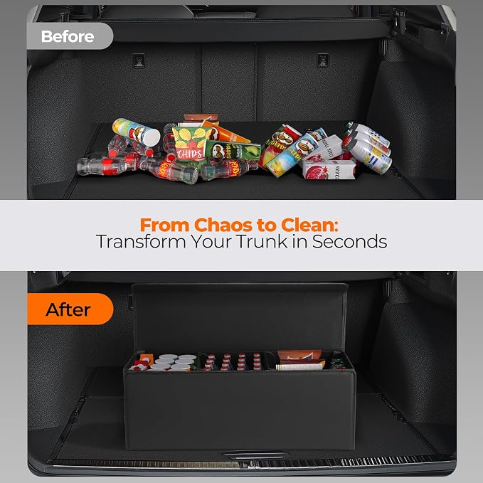 Car Trunk Organizer for SUV and Sedan, Trapezoidal-Black, 29.5 in | Tailored for Rear Seats, Extra Large, Leather Storage Box, Magnetic Lid, Collapsible & Adjustable, Water‑Resist & Dust‑Proof